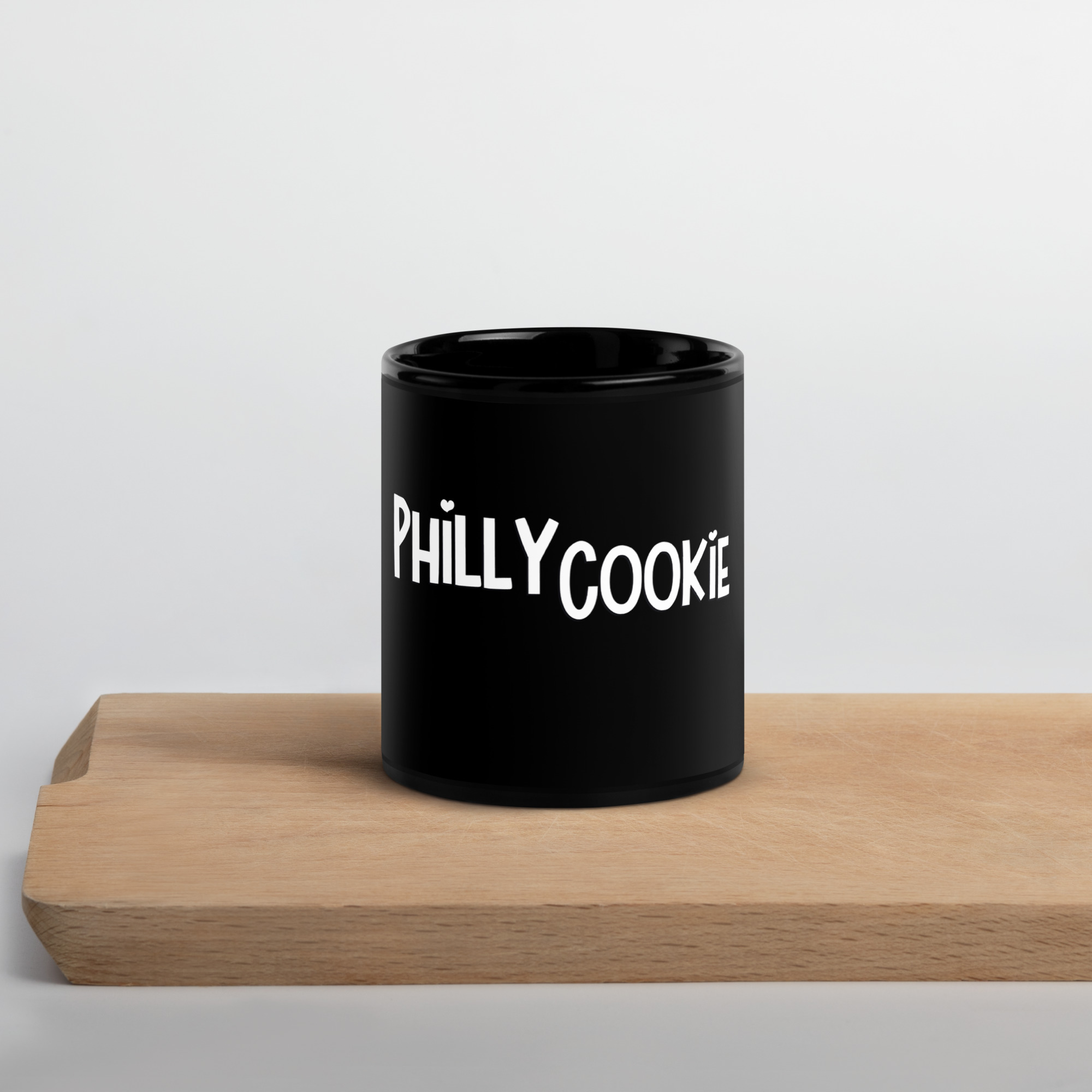 Philly Cookie Co Black Glossy Mug front in kitchen - Philly Cookie Co. Store Philly Cookie Co Black Glossy Mug front in kitchen