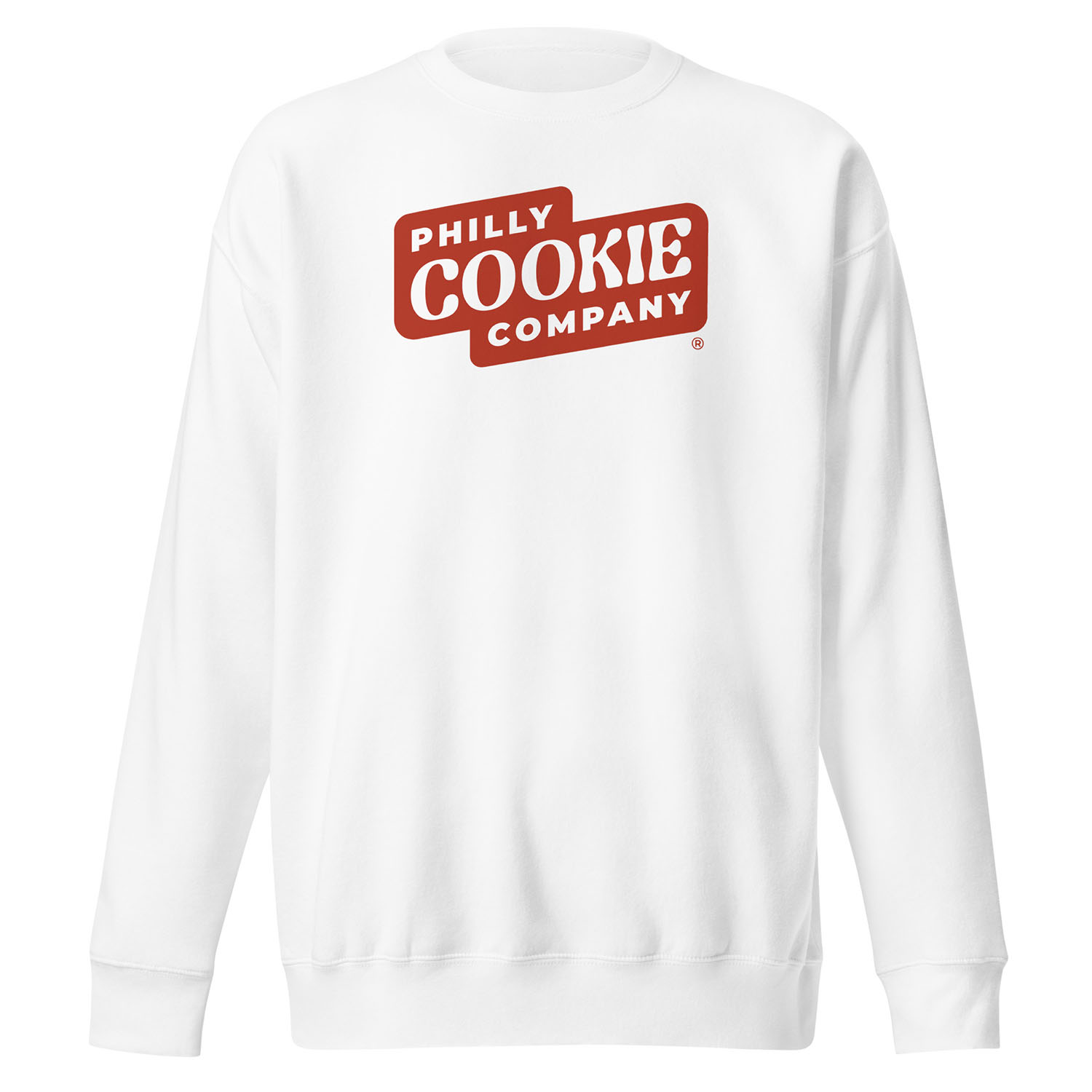 Philly Cookie Company Classic Crewneck Sweatshirt in White - Front View - Philly Cookie Co. Store Philly Cookie Company Classic Crewneck Sweatshirt in White - Front View