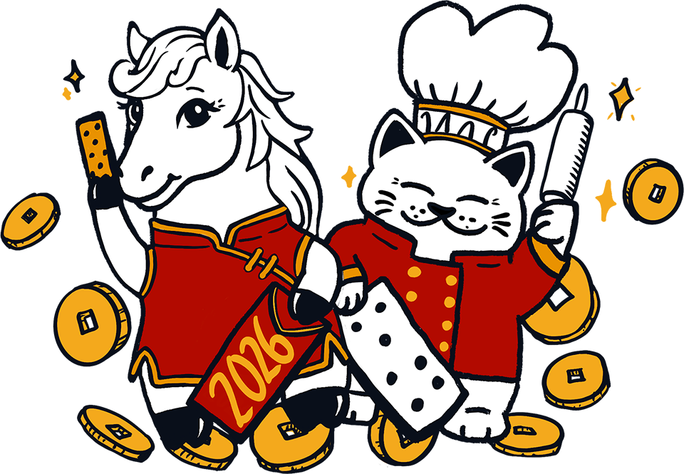 Lunar New Year mascots - a horse representing 2026 Year of the Fire Horse and a cat chef, surrounded by gold coins